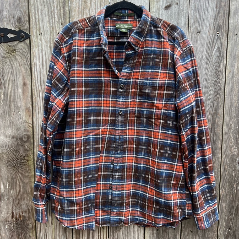 EDDIE BAUER Relaxed Fit Brown Plaid Tartan Flannel Button Down Shirt Mens Large